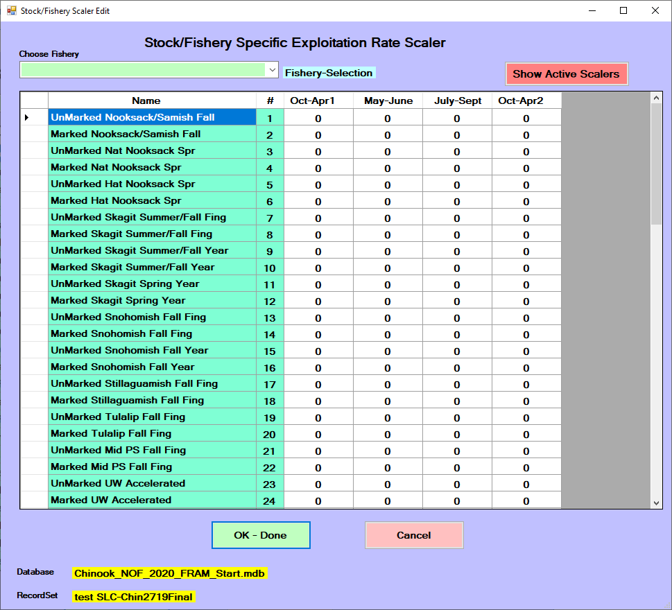 Stock-fishery scalers display 0 until a fishery is selected.
